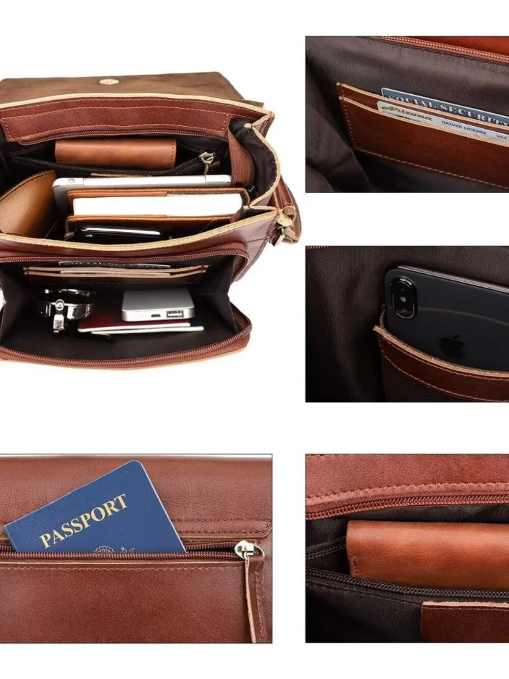 Men's Brown Red Genuine Leather Crossbody Travel Metal Zipper Messenger Hand Bag
